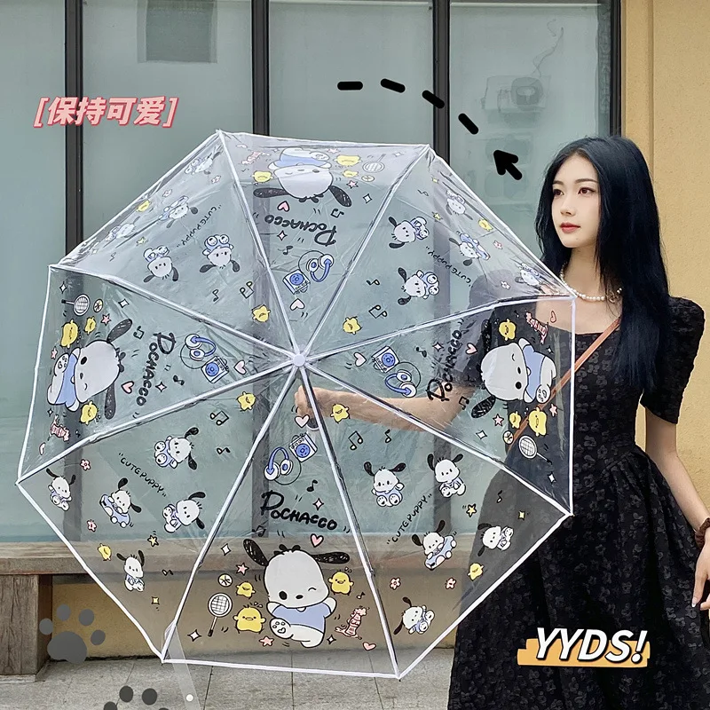 Black Rabbit Fully Automatic Transparent Umbrella Long Handle Princess Umbrella Cartoon Thickened Folding Portable Umbrella