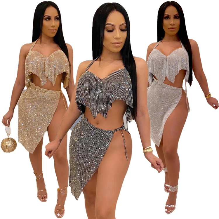Женский пикантный короткий топ и юбка с лямкой на шее и оборками с золотыми блестками, Женский комплект из двух предметов, Клубная одежда