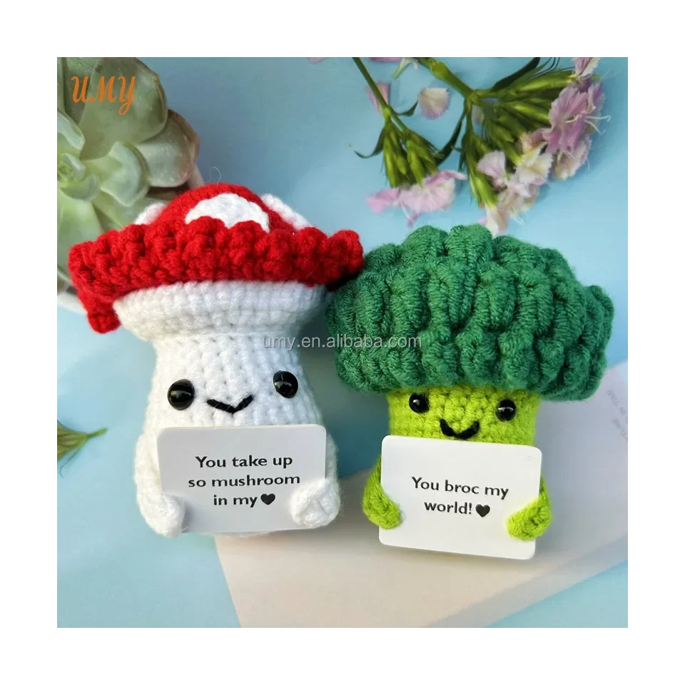 Cheer Gifts Crochet Positive Encouragement Affirmation Cards Pumpkin Cucumber Knit Crochet Emotional Support Mushrooms Doll Toy