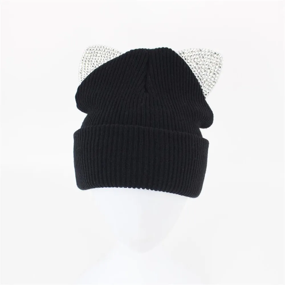 Шапка-бини с камнями зимняя шапка для женщин Новое поступление милая Теплая Вязаная в рубчик кошачьими ушками и стразами девушек