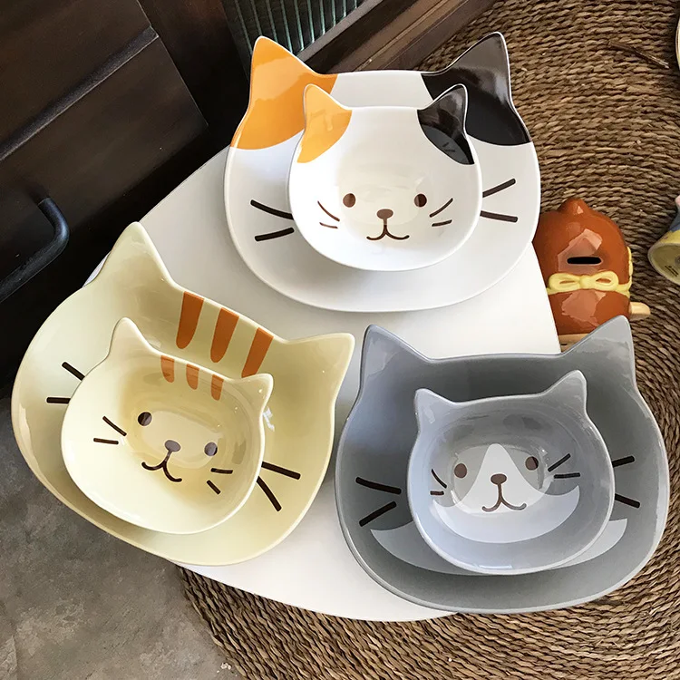 Wholesale Cute Hand Painted Cat Ceramic Dinner Plate Japanese Microwave Safe Salad Plate Dish