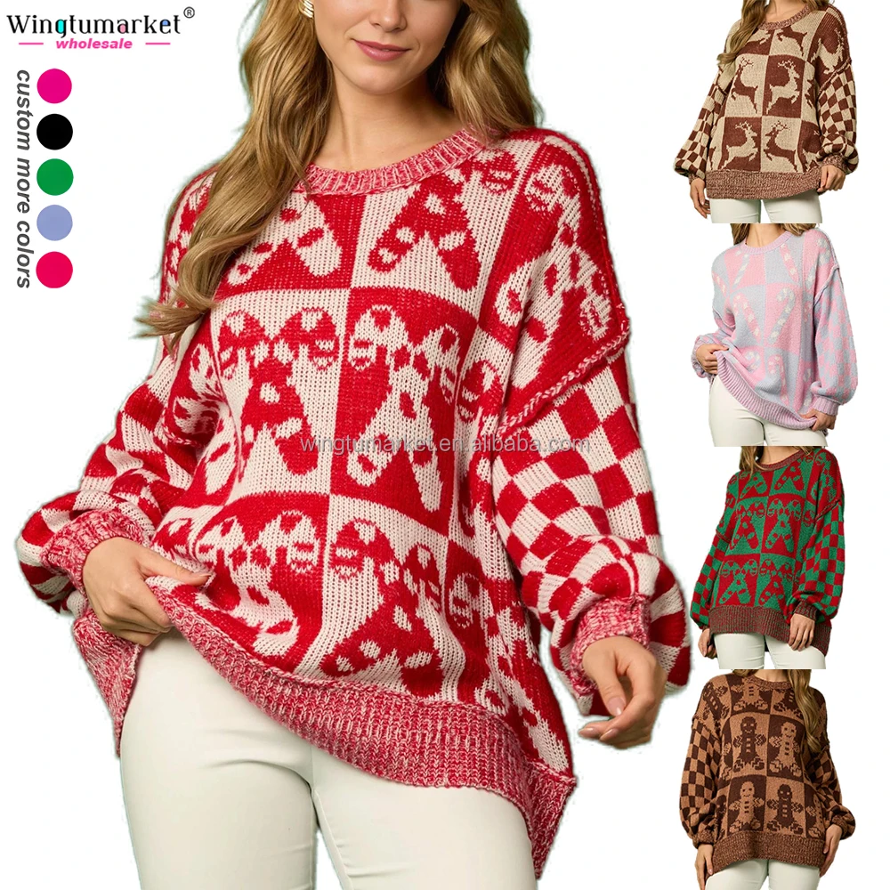Wholesale oversized jacquard sweaters knit bows Xmas elk gingerbread candy cane checkered fall knitted christmas sweater women