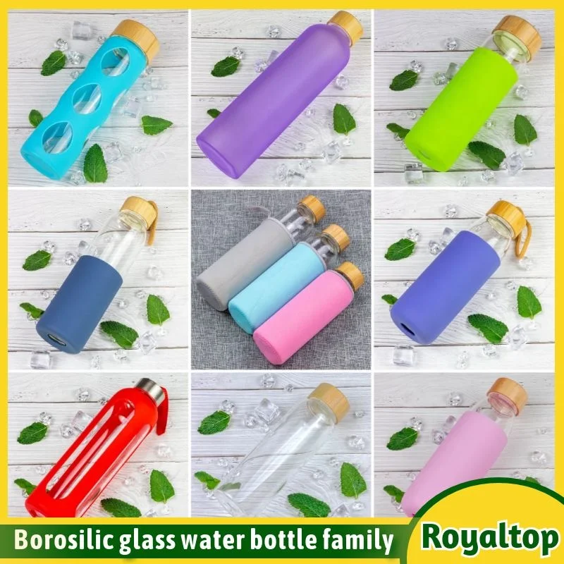 Super Clear 550ml borosilicate Glass Water Bottle Portable Gym Drinking Water Bottle with bamboo wood lid and custom Logo