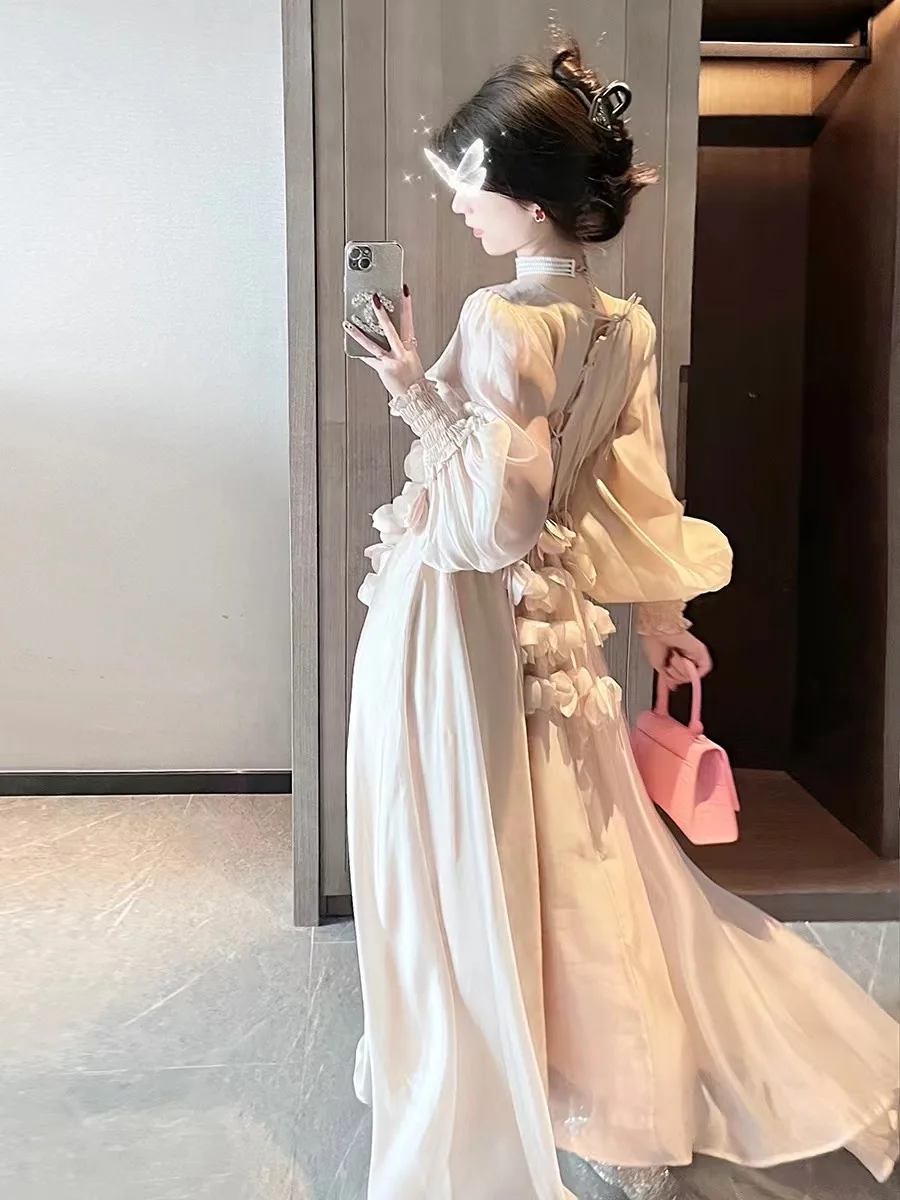 Elegant 2023 New Arrival Spring  New V-neck White Swan Feather Waist Dress Feminine Silk Sexy Beauty Fairy Holiday Dress