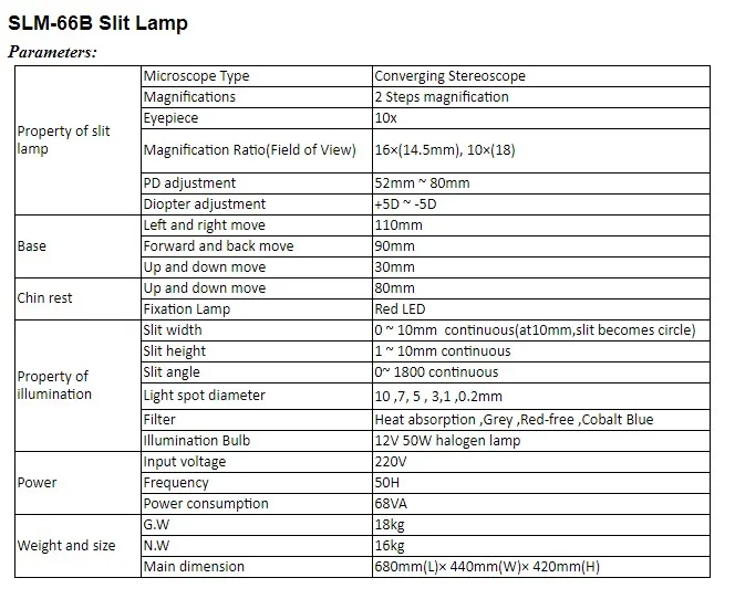 optical equipment high quality eye examination SLM-66B slit lamp microscope