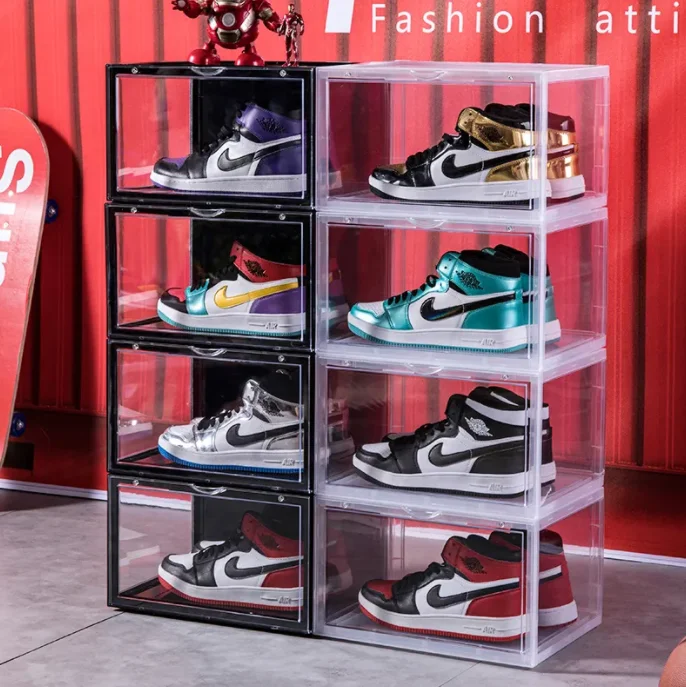Clear Magnet Plastic Shoe Boxes Drop Front Shoe Storage Box Acrylic Custom Transparent Display Shoe Boxes Stackable Organizer