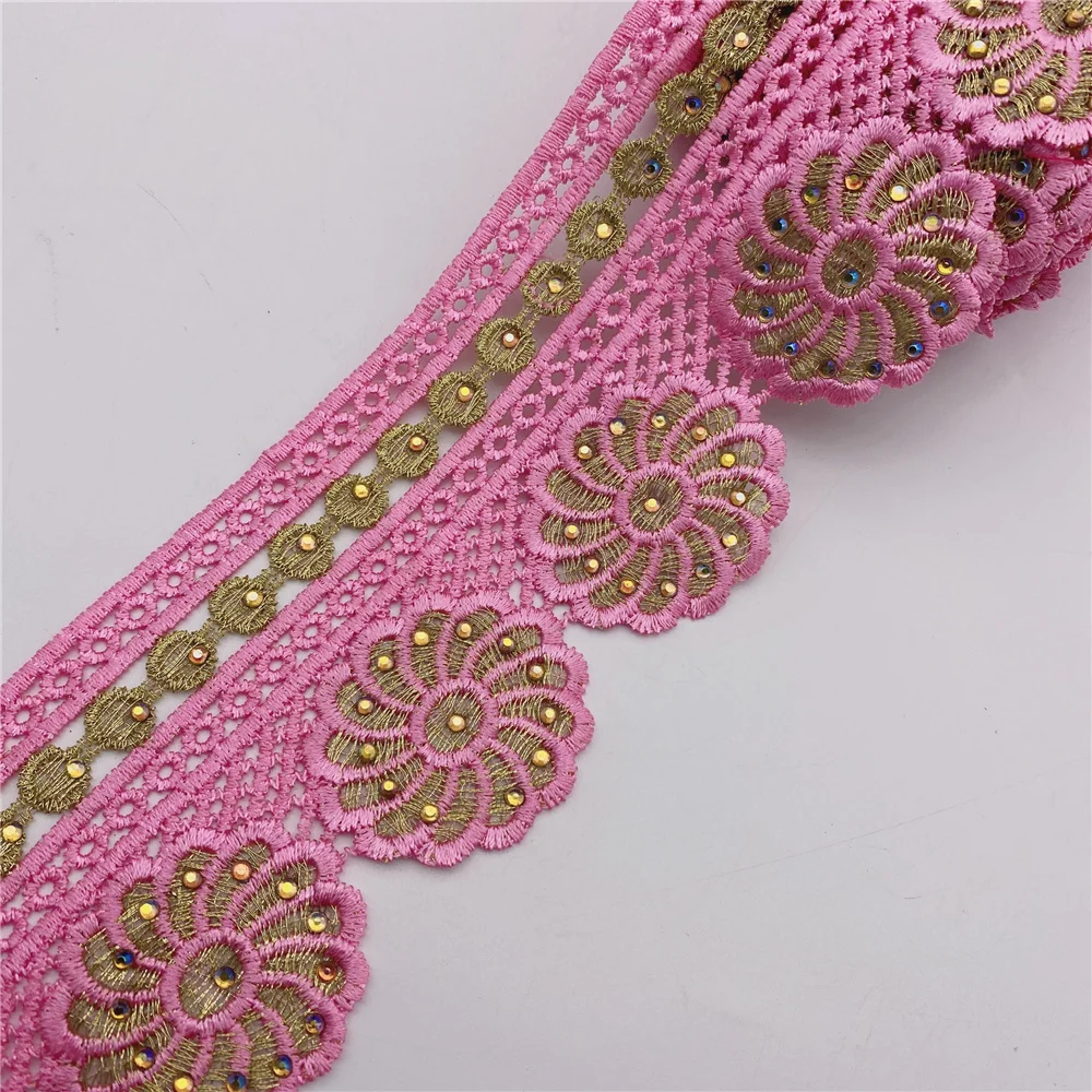 Beaded Sequin Rhinestones Floral Embroidered Lace Fabric Ribbon Trim Crochet Guipure Applique Motif for Wedding Dress