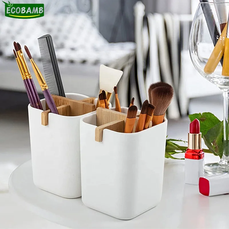 Multi Purpose Bamboo Cooking Utensil Holder for Kitchen Sink Counter Bathroom Countertop Storage Organizer with Compartments