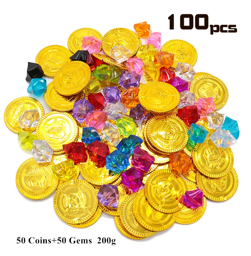 288pcs Packing of 144pcs Pirate Gold Coins and 144pcs Acrylic Gems Kids Simulation Toy