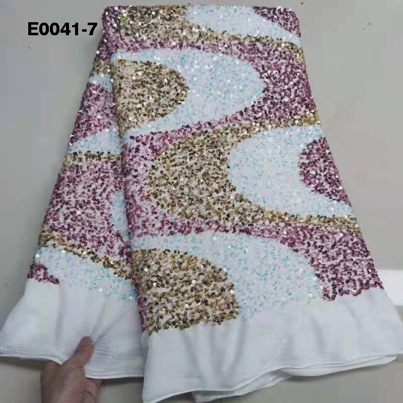5 Yards One Piece Nigerian Women African French Sequins Lace Fabric For Dress Pink Embroidery Net Lace Fabrics