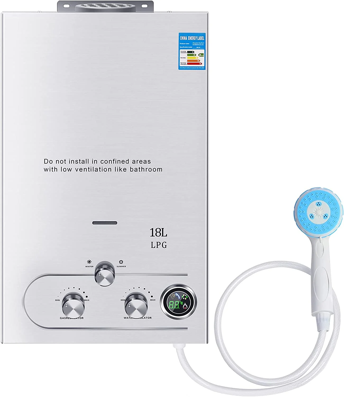 Hot 18L Water Heater 36KW LPG Natural Gas Propane Water Heater Tankless Instant Boiler with Shower Head and LCD Display