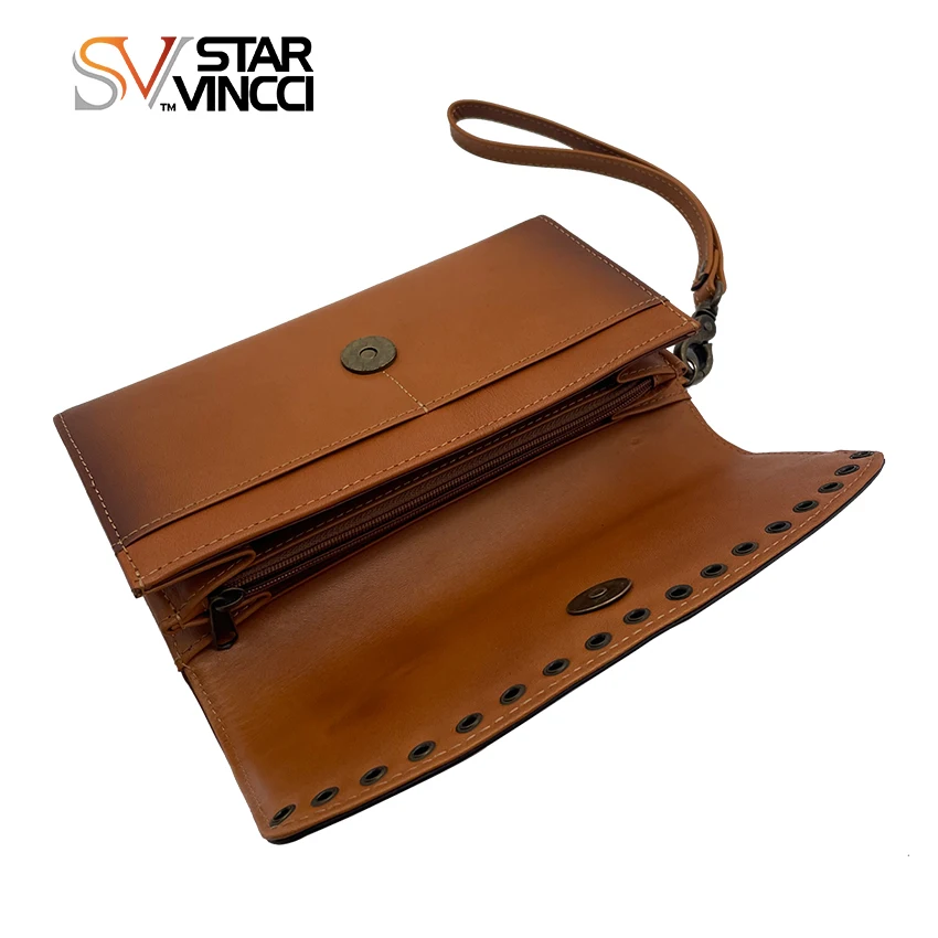 High Quality Retro Genuine Leather Wallet Unisex Long Handheld Sling Wallet Rivet Design Card Holder Bag
