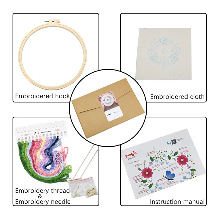High Quality Yiwu Textile Fabric Crafts Custom Flower Pictures Simple Hand DIY 3 In 1 Embroidery Kit With 8 Inch Plastic Hoop