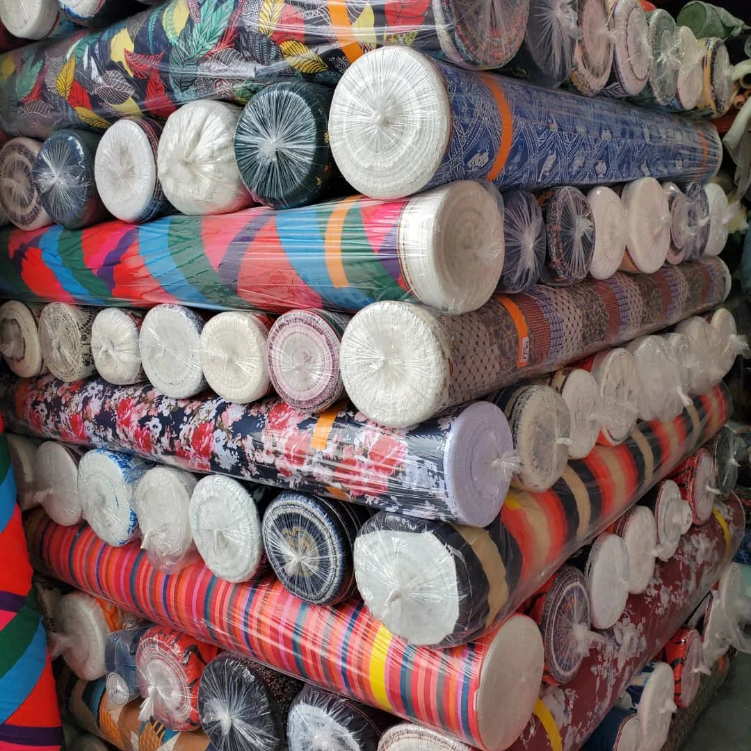 Stock lots Polyester woven stretch mixed base printed fabric