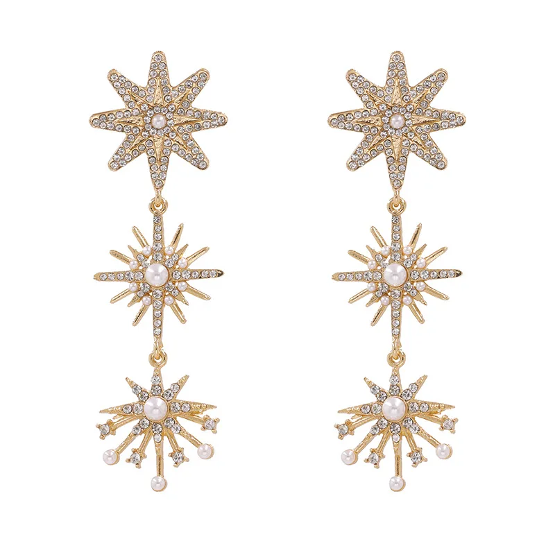 JJ53989 Wholesale Luxurious Long Drop Star Diamond Pearls Ear Drop