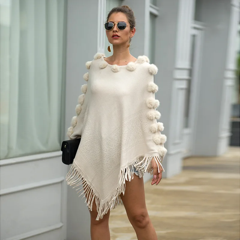 Autumn and winter fringed cloak shawl hair ball round neck pullover solid color sweater women