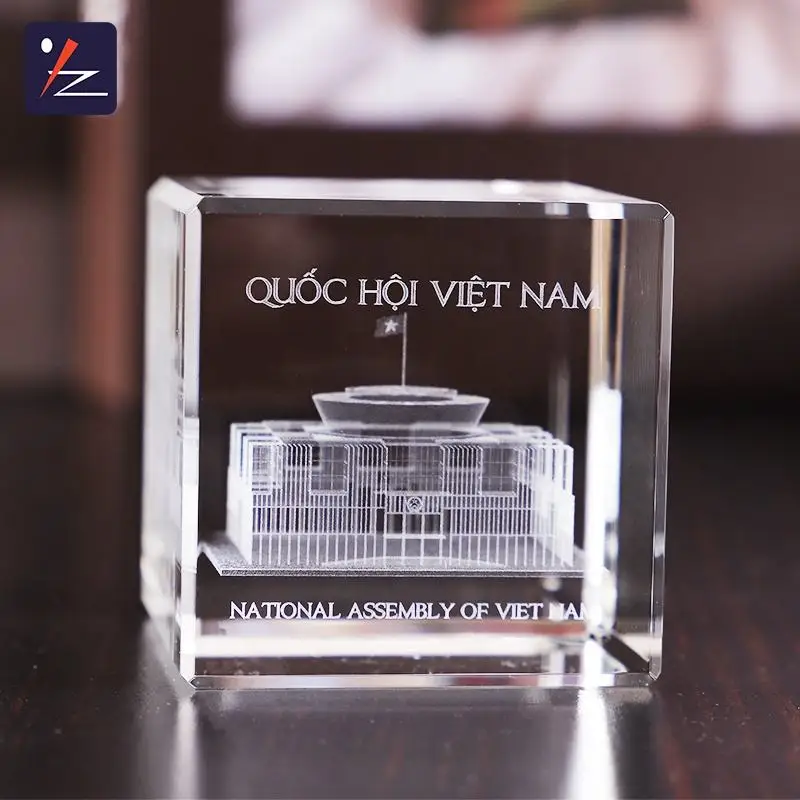 High-end Office Desktop Decoration Customized Building Model 3D Laser Engraved Crystal Cube