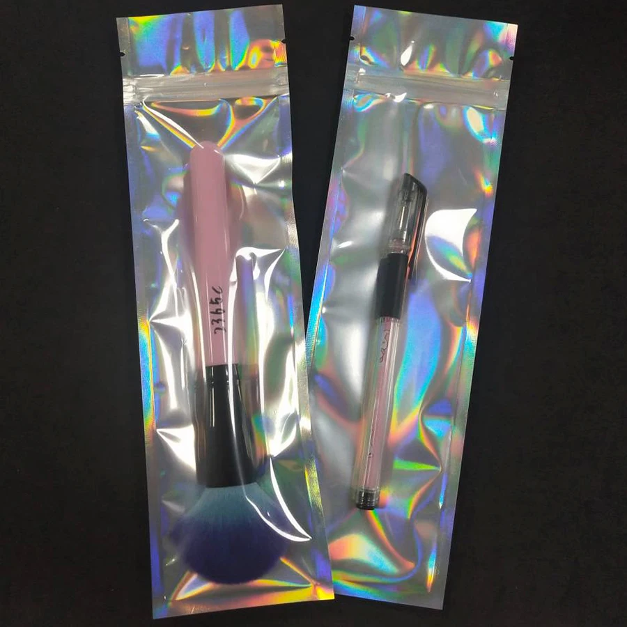 75*260mm Makeup Brush Resealable Hologram Laser Transparent Plastic Zipper Bag Free Shipping Foil Packaging