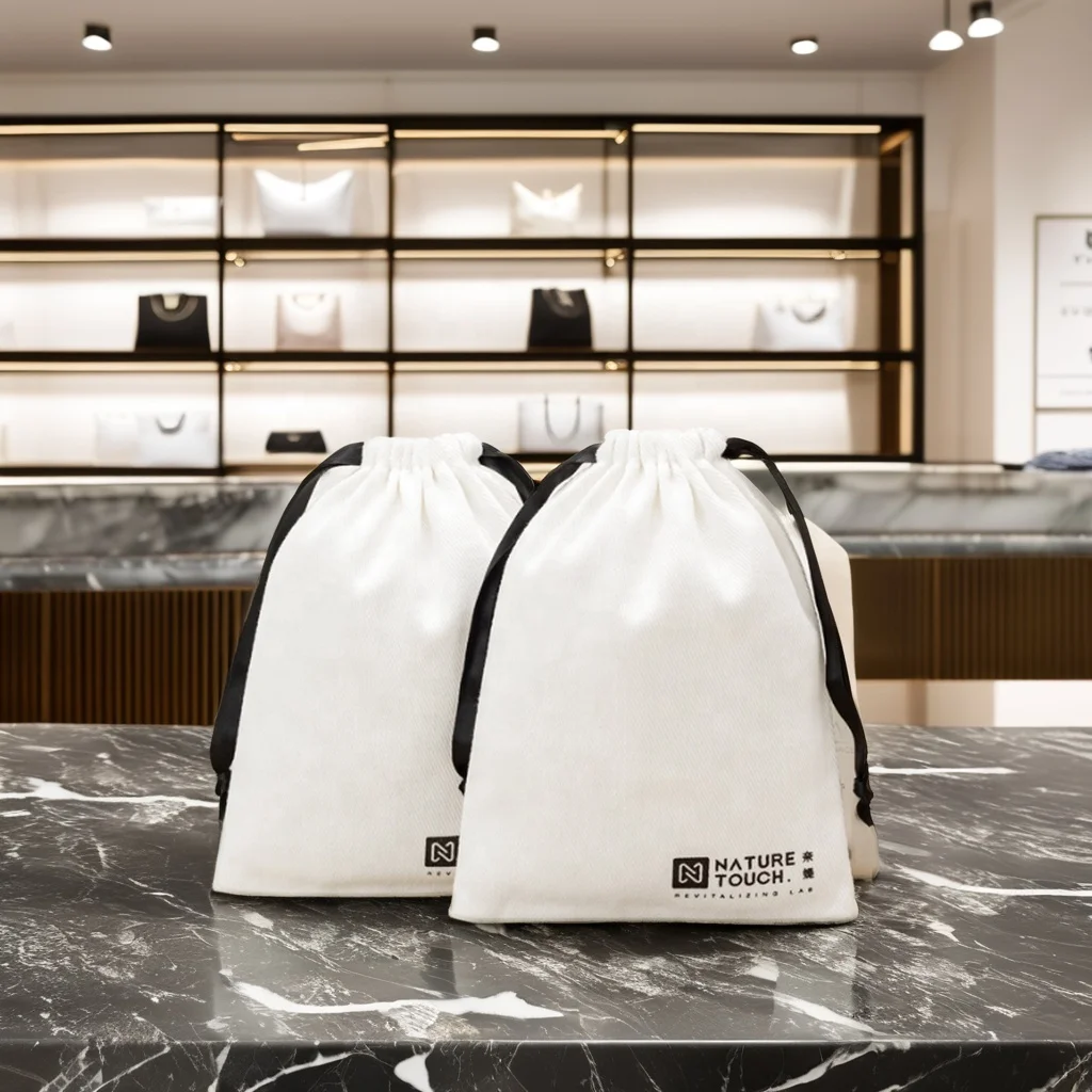 Мешочек из твила и хлопка на шнурке для хранения косметики подарка пригодный вторичной переработки с вышитым логотипом ювелирной одежды