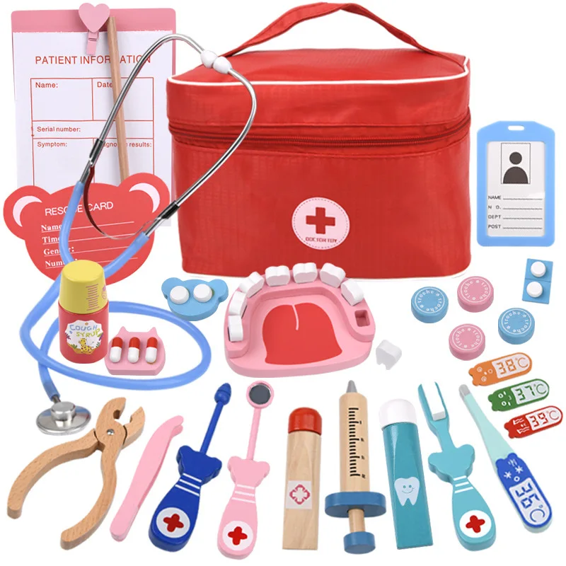 Hot Sell Wood Doctor Toys for Girl Red Medical Kit Dentist Medicine Box Sets Cloth Bag Packing Games Toys for Kids
