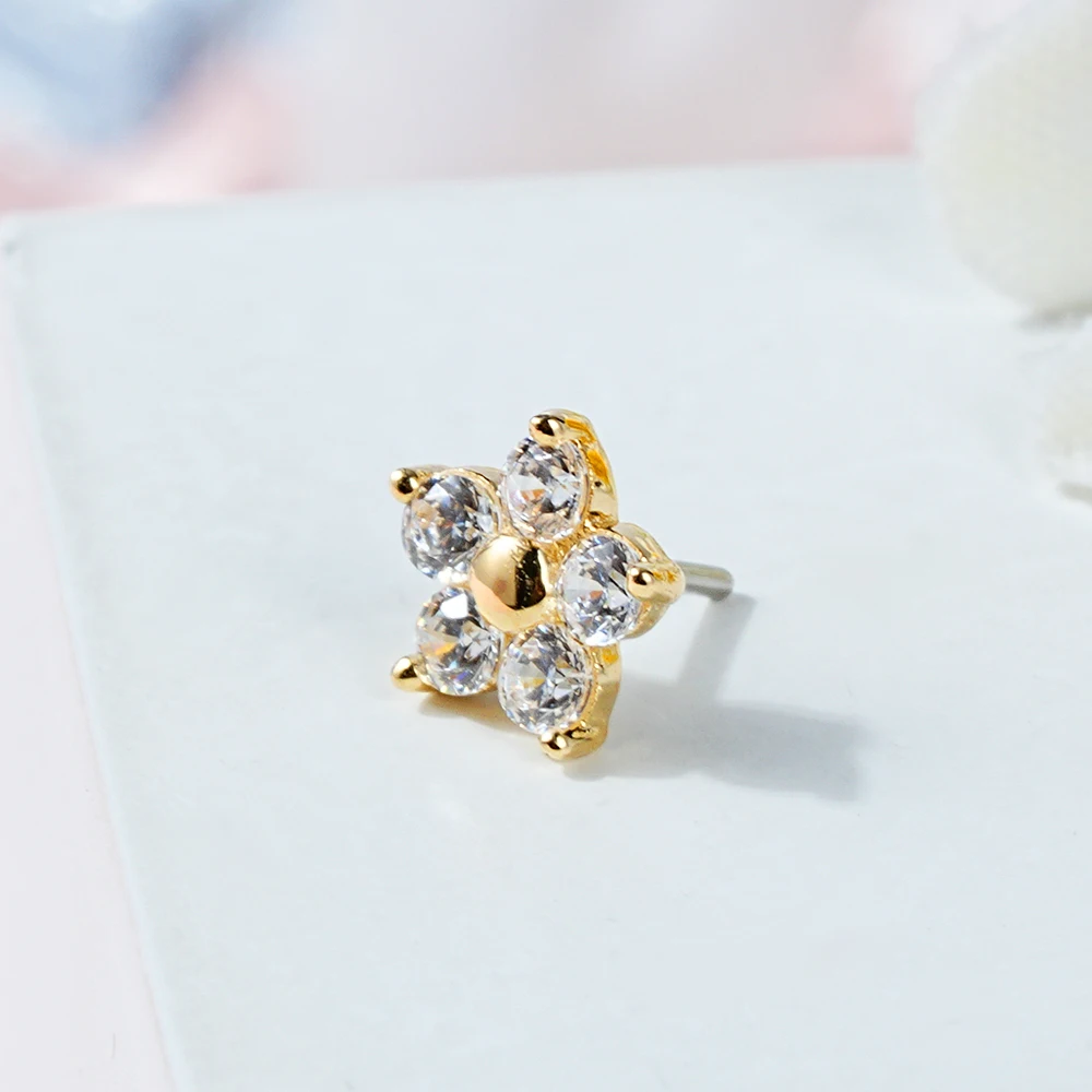Threadless Labret Push Pin 14G 16G 18G Bezel Set Clear CZ Stone Flower Leaf Labret Earring Nose Ring