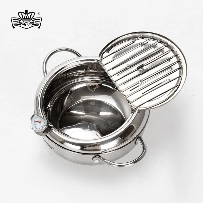 Japanese Deep Frying Pot with a Thermometer and a Lid 304 Stainless Steel Kitchen Tempura Fryer Pan 20 24 28 cm Kitchen Utensils