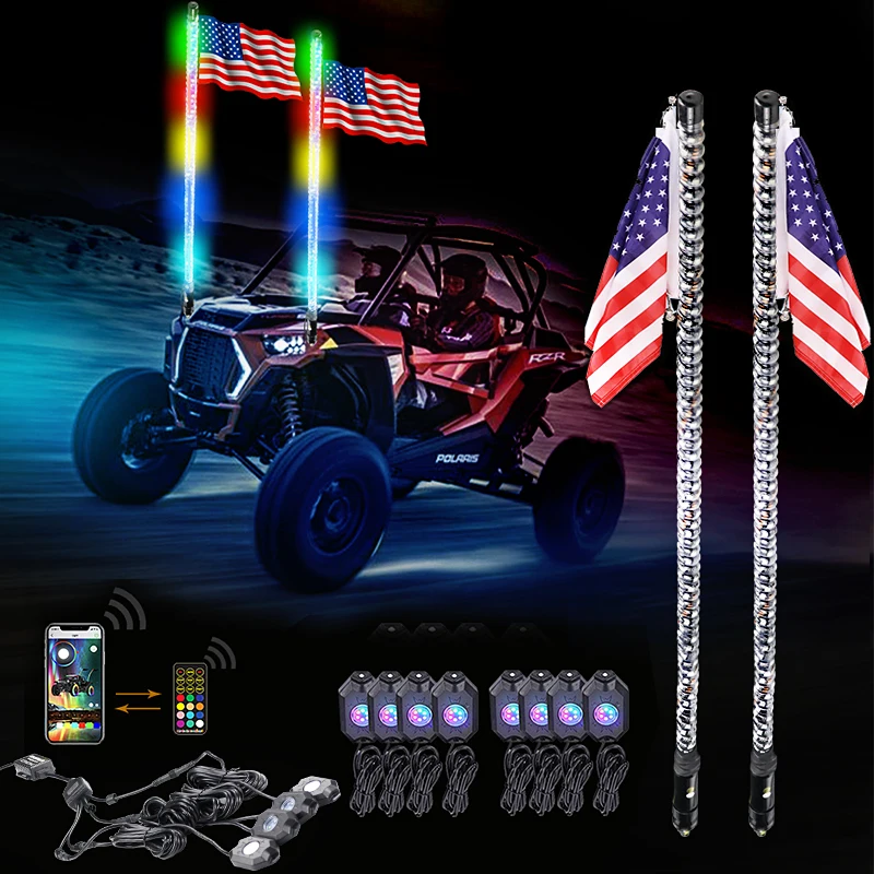 8x Rock Light Combo Kit and 360 Dream Dancing Chase Brake Turn Signal LED Whips Antenna For ATV UTVpolaris RZR
