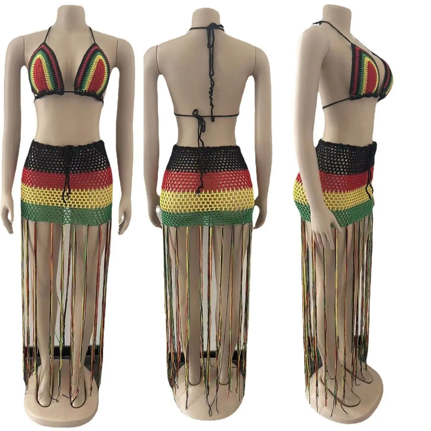 Women Hand Knitted Beach Swimwear Colorful Patchwork Top And Skirt Swimsuit Tassel Crochet Cover Up Bikini Set Swimsuit Bikinis