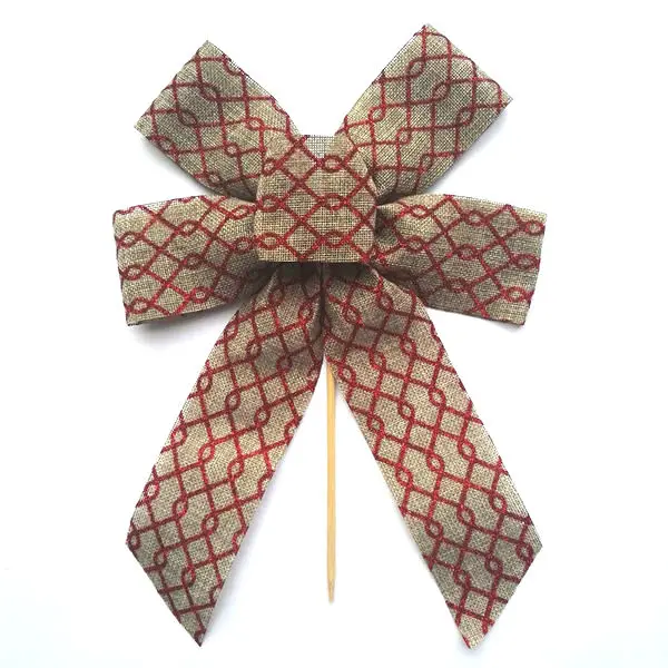 Pre-Tied Christmas Tree Wreath Snowman Decorative Glitter Swirl Imprint Burlap Jute Fabric Ribbon Wood Stick Bow