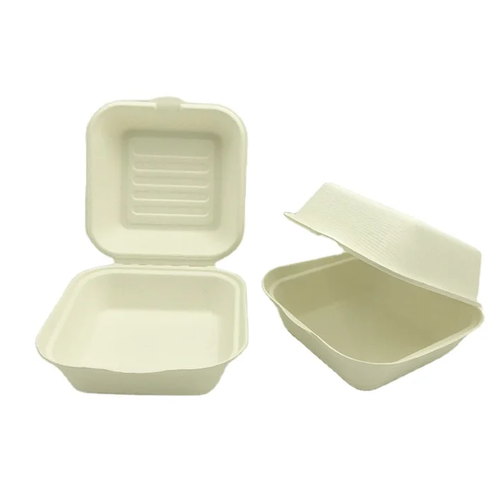 6' Compostable Biodegradable Bagasse Food Container Sugarcane Tableware Pulp Lunch Box Takeaway Clamshells Hamburger Box