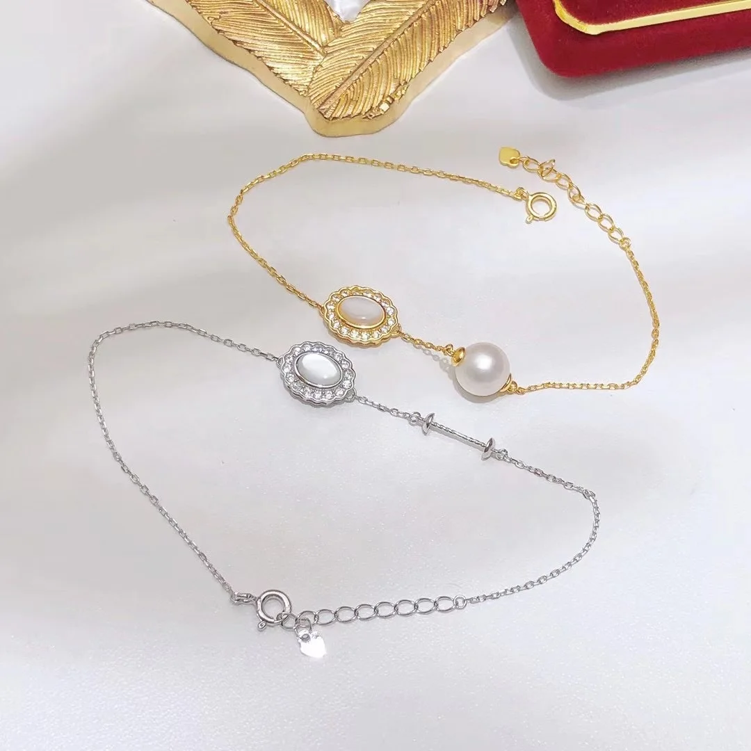 B327 8-9mm  925 sterling silver gold plated wholesale freshwater pearl charm bracelet  bangle fancy jewelry for women