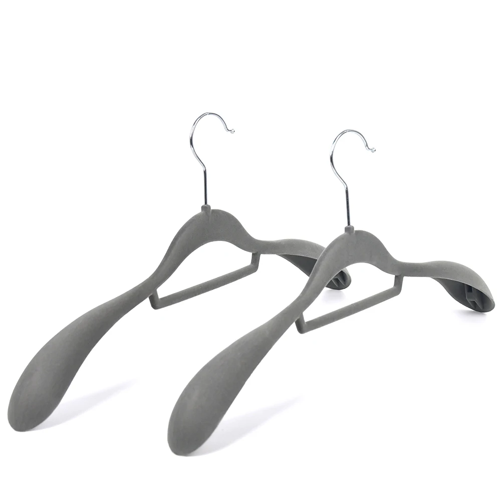 wholesale wide shoulder flocked suit clothes hanger grey velvet coat hangers