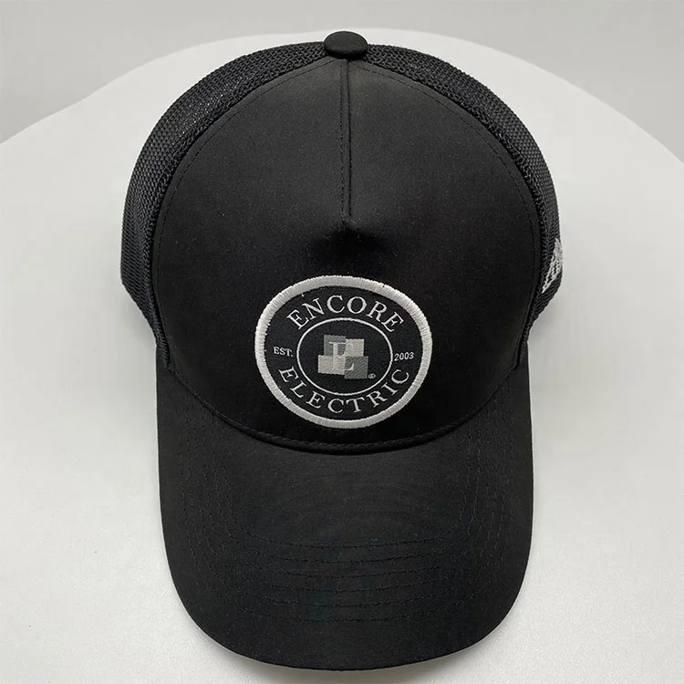 Custom flat embroidered circle woven patch trucker cap 5 panel black nylon trucker hat