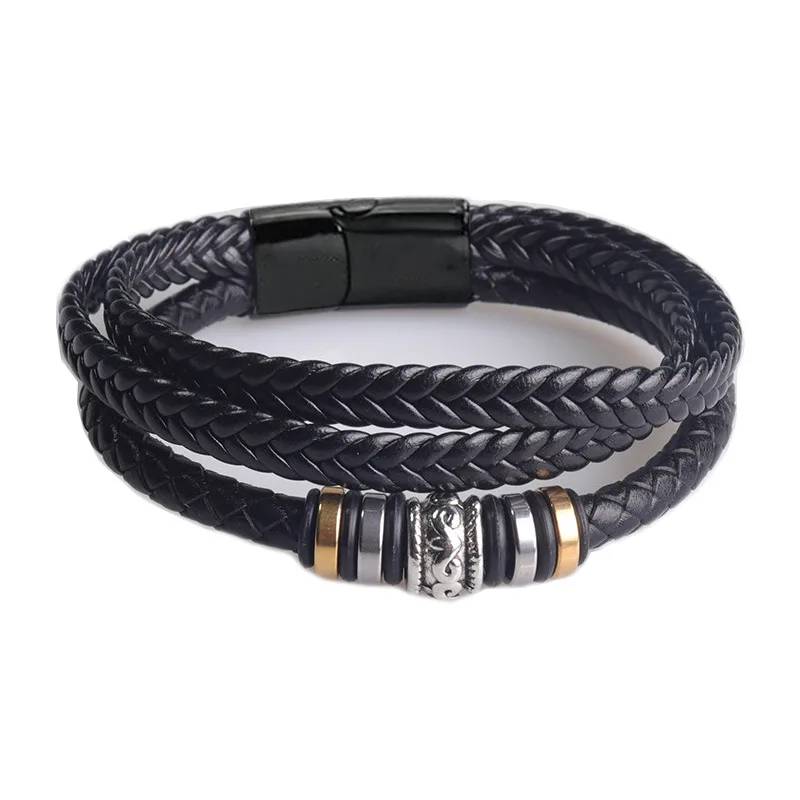 DIY Leather Bracelet Laser Titanium Steel Leather Rope Bracelet Multi layer woven Leather bracelet for gift
