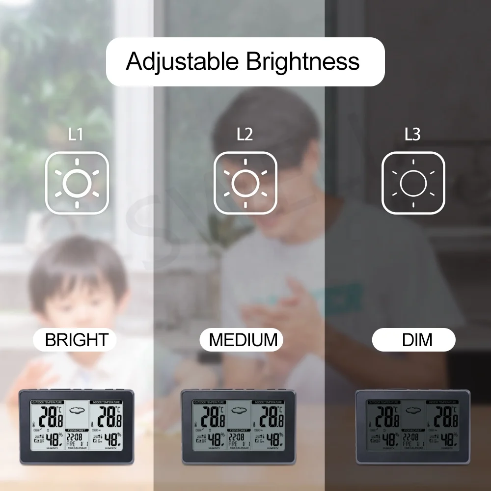 LCD Digital Clock Indoor Outdoor Temperature Color Weather Station with Outdoor Sensor Wireless RF 433