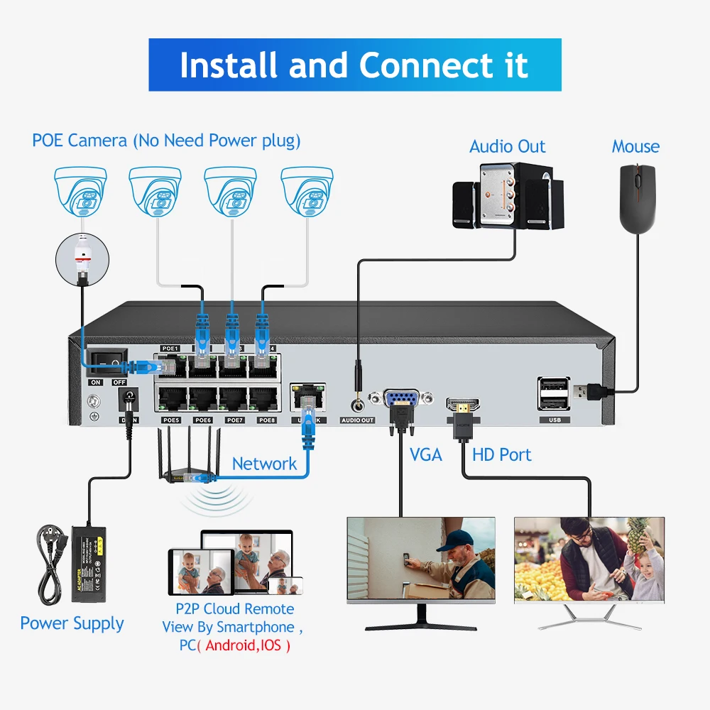 H.265 8mp full HD POE outdoor CCTV camera security video day and night vision IP NVR surveillance system