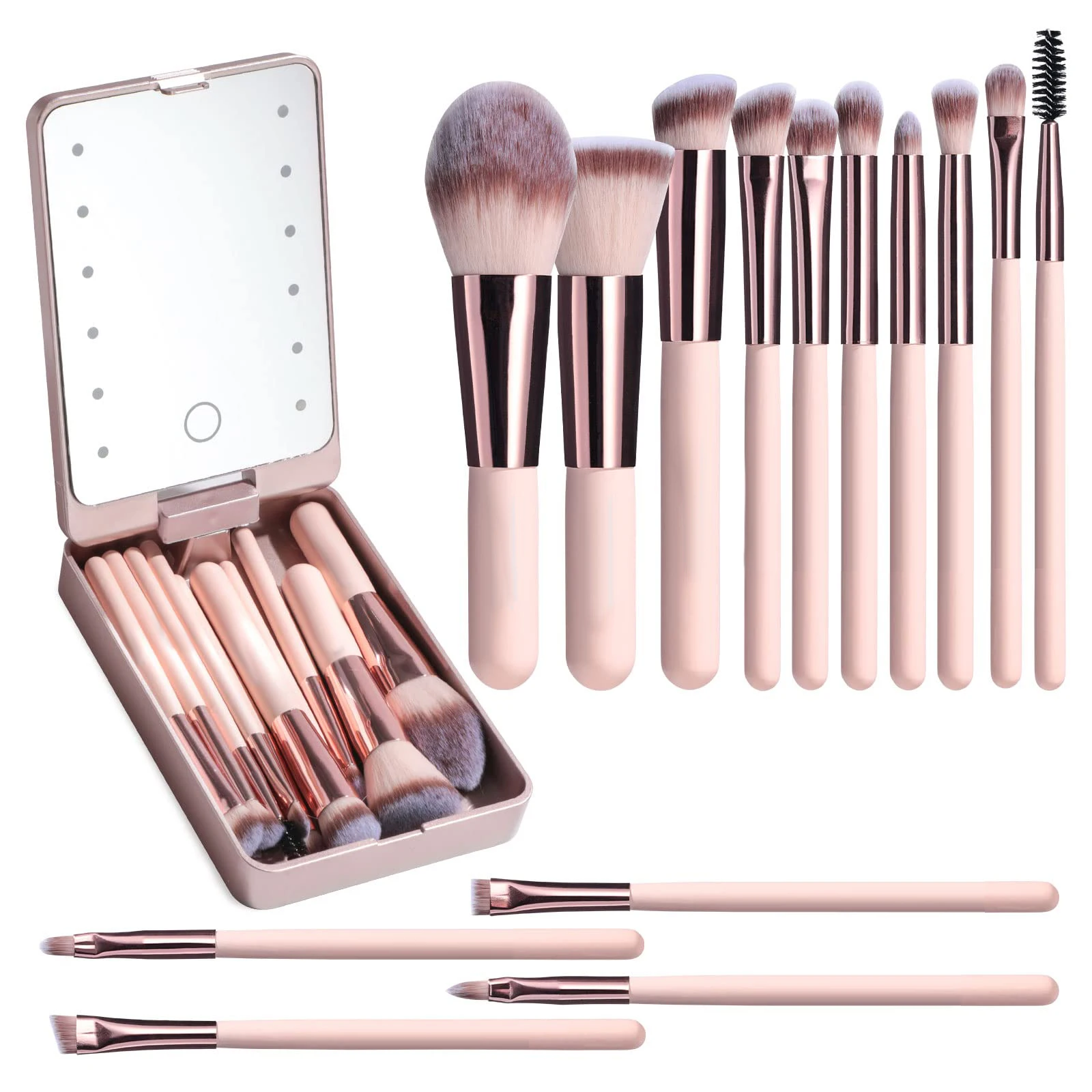 Private Label 14 Pcs Foundation Powder Concealer Eye Shadows Makeup Set Travel Mini Makeup Brush Set With LED light Mirror