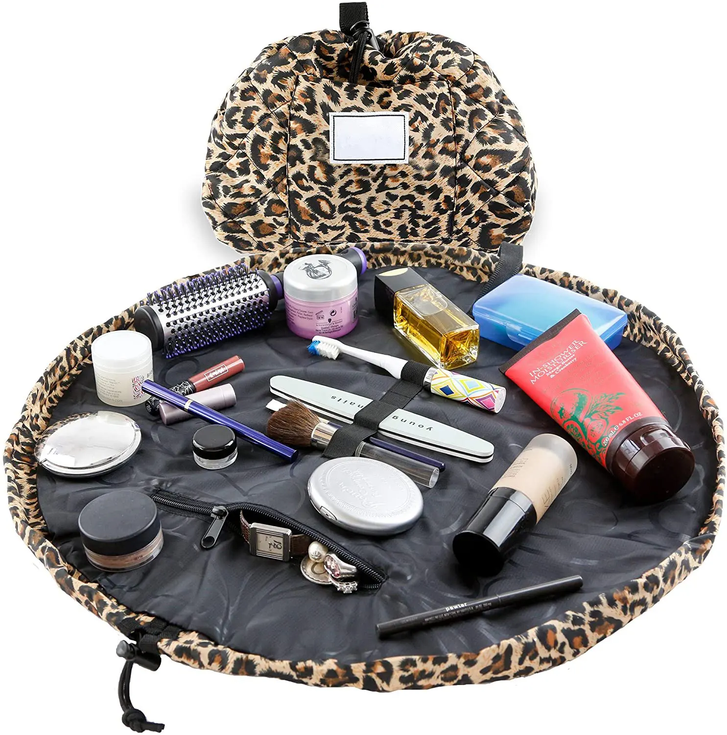 
FREE SAMPLE Drawstring Makeup Bag Leopard Travel Cosmetic Bag Scrunch Sac Makeup Bag Opens Flat Makeup Pouch 