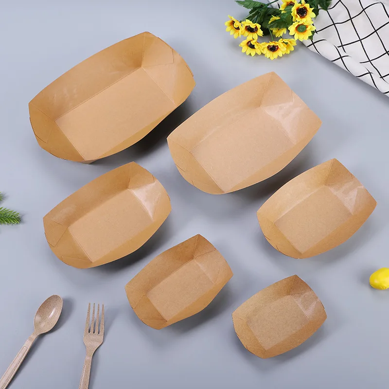 Thickened disposable boat-shaped fried snack lunch box kraft paper coated chicken steak fries tray carton