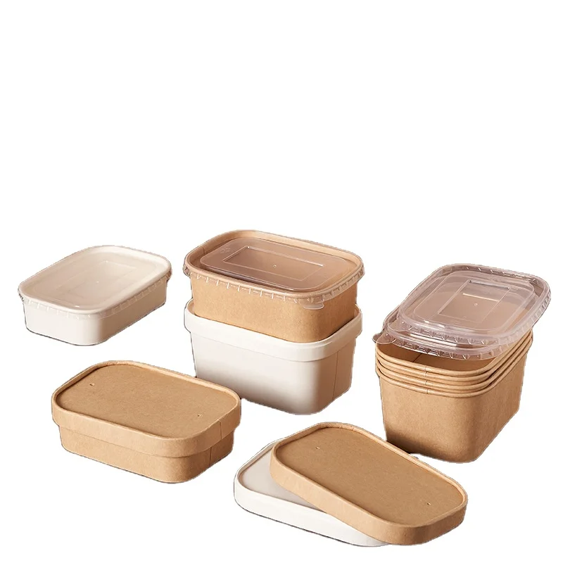 Wholesale Rectangular Food Container Square Food Grade Kraft Paper Salad Take Away Food Box With Lids
