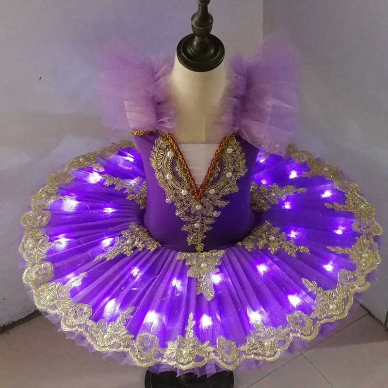 New Style Stage Performance White Flower LED Swan Lake Girl Leotard Professional Ballet Tutu Dress