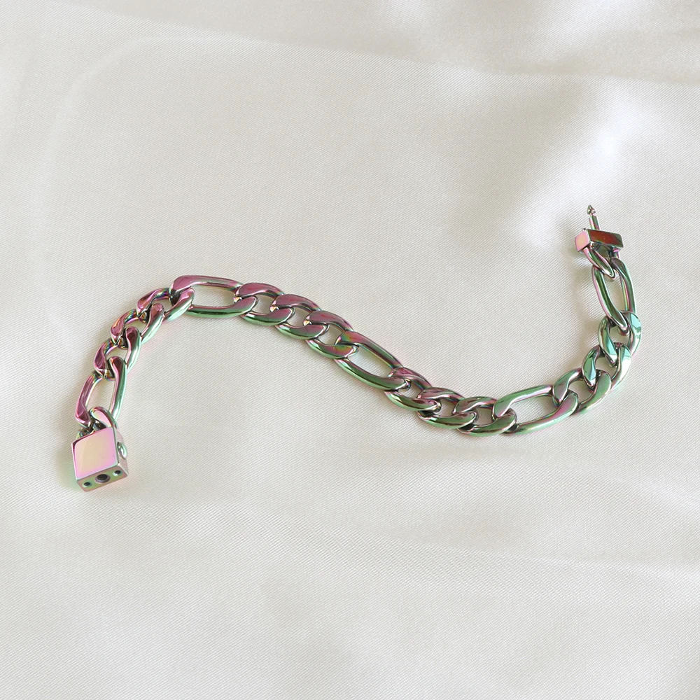 high quality mechanical clasp engraved bracelet custom stainless steel figaro link chain rainbow bracelets for men