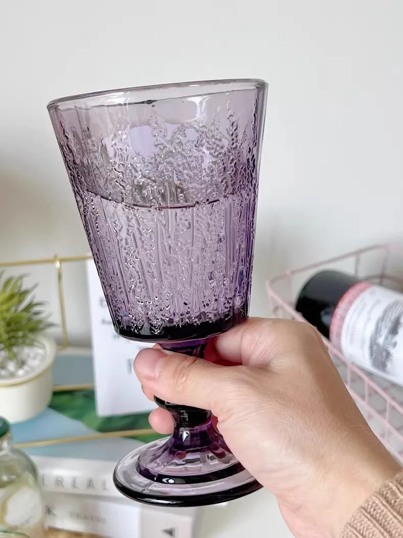 Luxury Retro Purple Glassware Colored Goblet Cups Embossed Drinking Water Glasses Goblets Custom Wedding Vintage Red Wine Glass