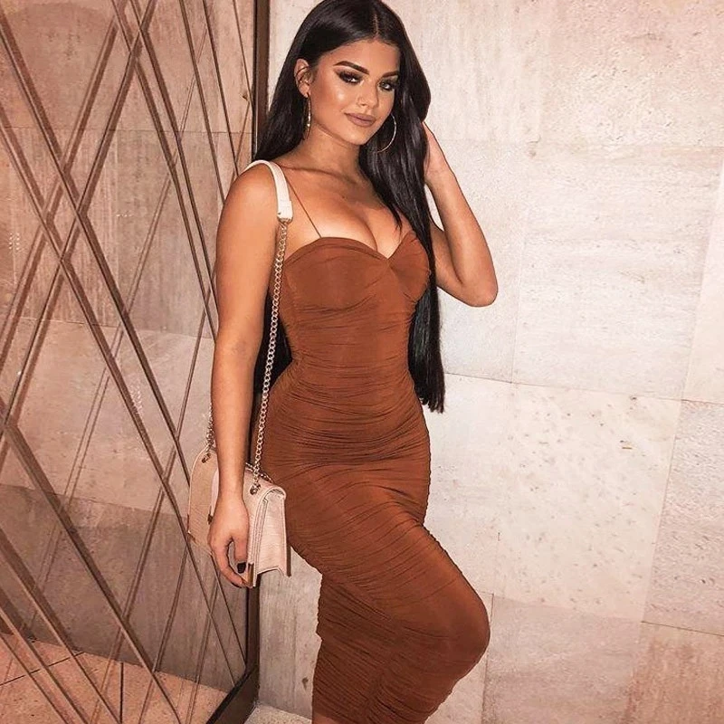 
Multi Color Women Summer Polyester Folds Sexy Long Club Dress Spaghetti Strap Maxi Bandage Dress Bodycon Dress 