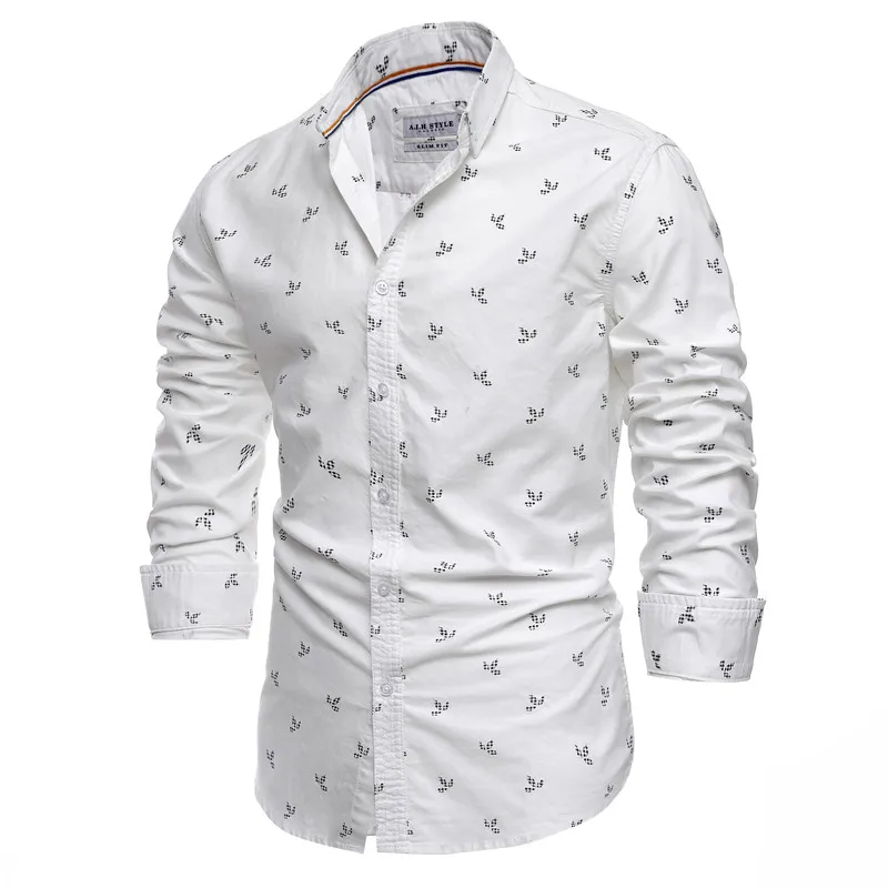 Men Printed 100% Cotton Casual Slim Fit Lapel Long Sleeve Spring High Quality Oxford Shirt