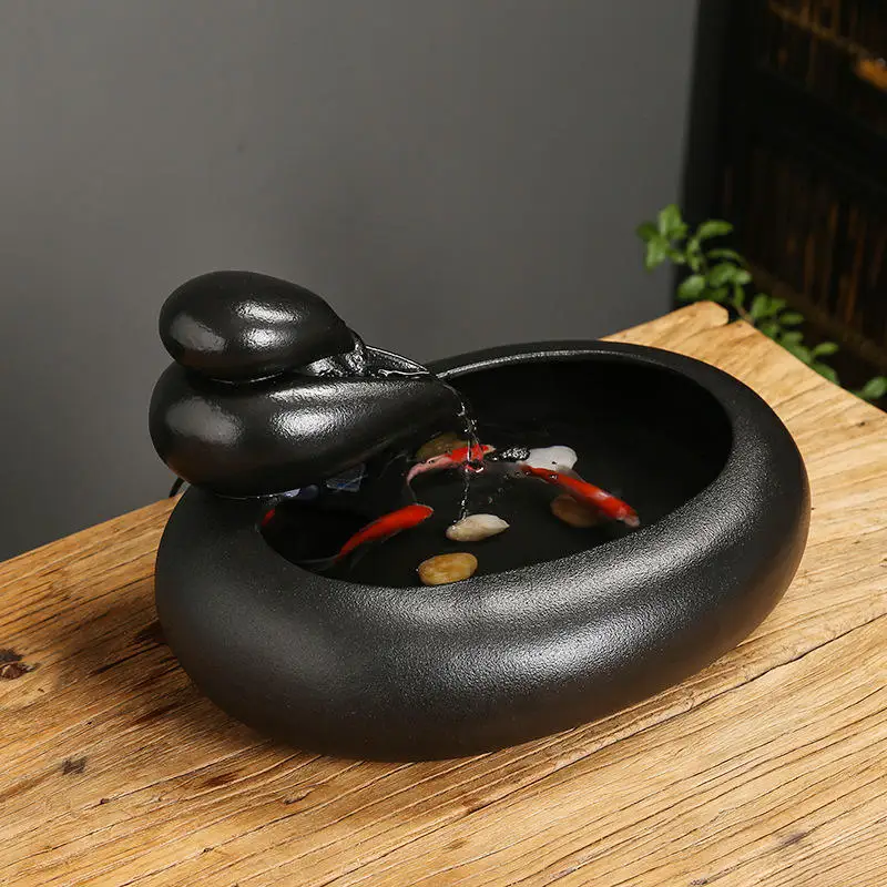 Fengshui Black Ceramic Zen Water Fountain Desktop Waterfall Fountain Water Fish Tank Cat Fountain Gift