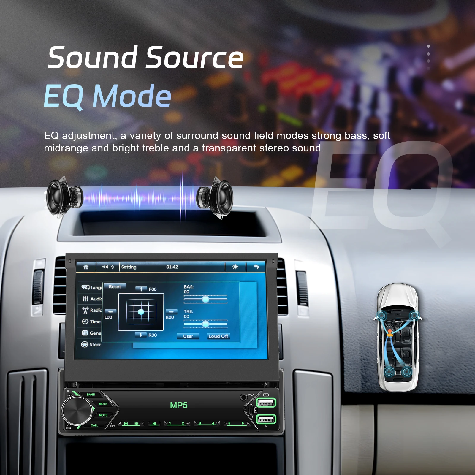 Podofo Single Din Car Radio Stereo 7' Car MP5 Player Retractable Touch Screen Auto Electronics BT FM USB Type-C