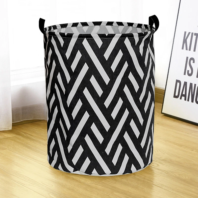 Folding Canvas Black White Printed Cotton Waterproof Collapsible Toy Organizer Clothes Laundry Storage Basket Bins with Handle