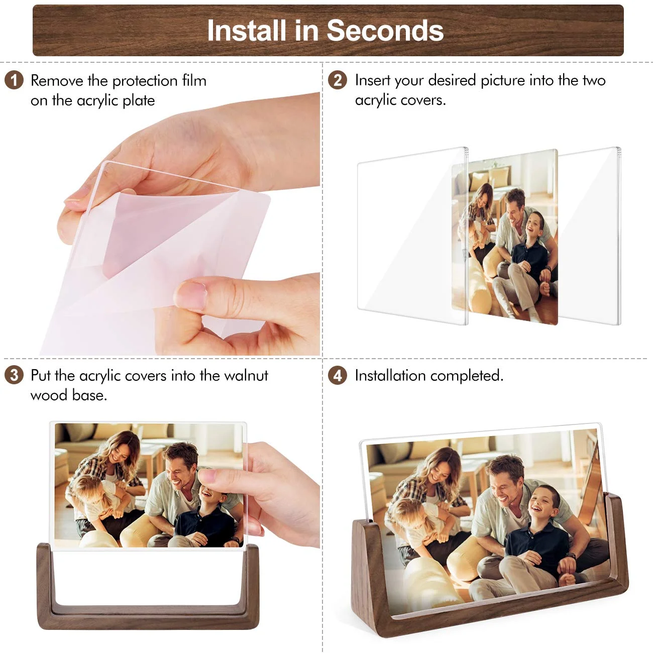 4x6 inch Photo Frames with Walnut Wood Base and High Definition Break Free Acrylic Glass Covers Rustic Wooden Picture Frame