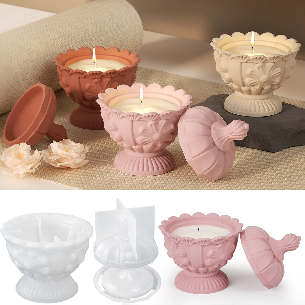 DM915 3D Cement Tealight Candle Cup Molds Resin Gypsum Relief Embossed Candle Jar Silicone Mold With Lid Home Decoration